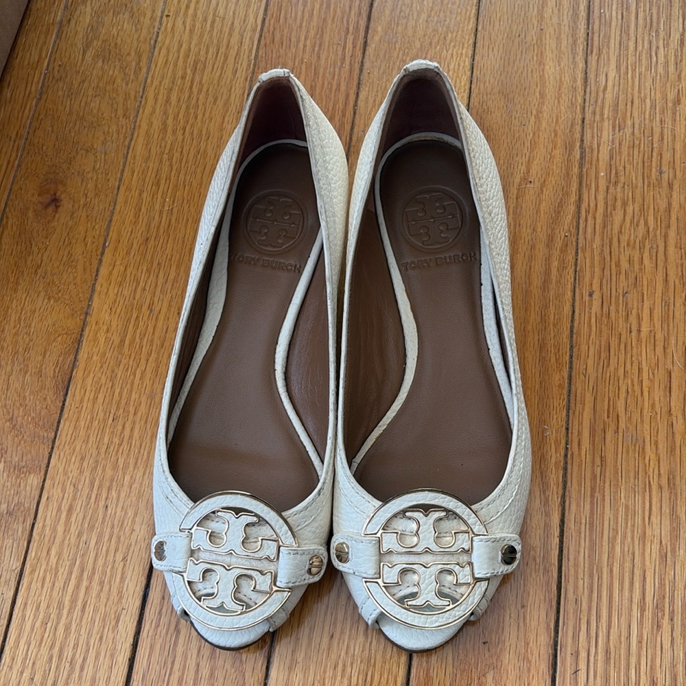 Tory Burch Ivory Leather Wedge Flats with Logo Medallion